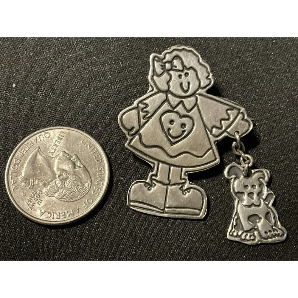 Sterling (Tested) Mexico Girl Brooch Dog On Leash Vintage